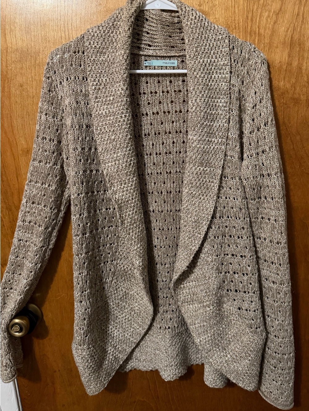 Maurices Taupe and Gold Shimmer Threading Open-Front Knit Cardigan ⚜️
